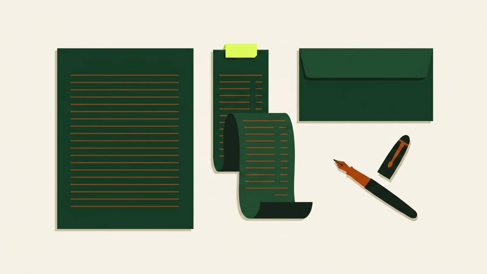 A cut-paper illustration seen from above: a letter with its text drawn as plain ruled lines, a long curled receipt, an envelope and a fountain pen lying diagonally across them.